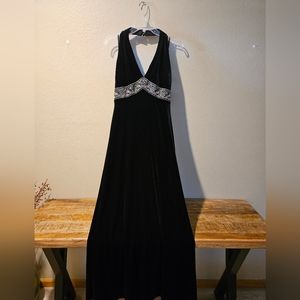 Black Velvet halterneck long dress with decorative beading